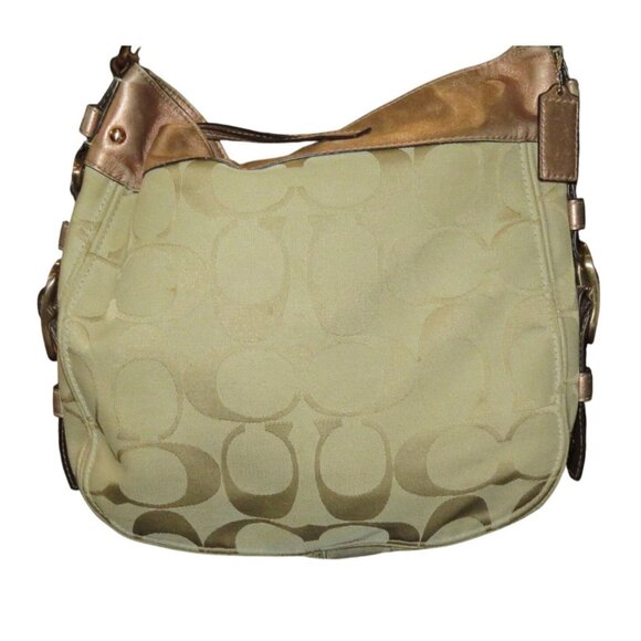 Coach 09 Zoe Signature Canvas Jacquard Khaki & HTF Rose Gold Hobo Handbag 12674 - Picture 2 of 14